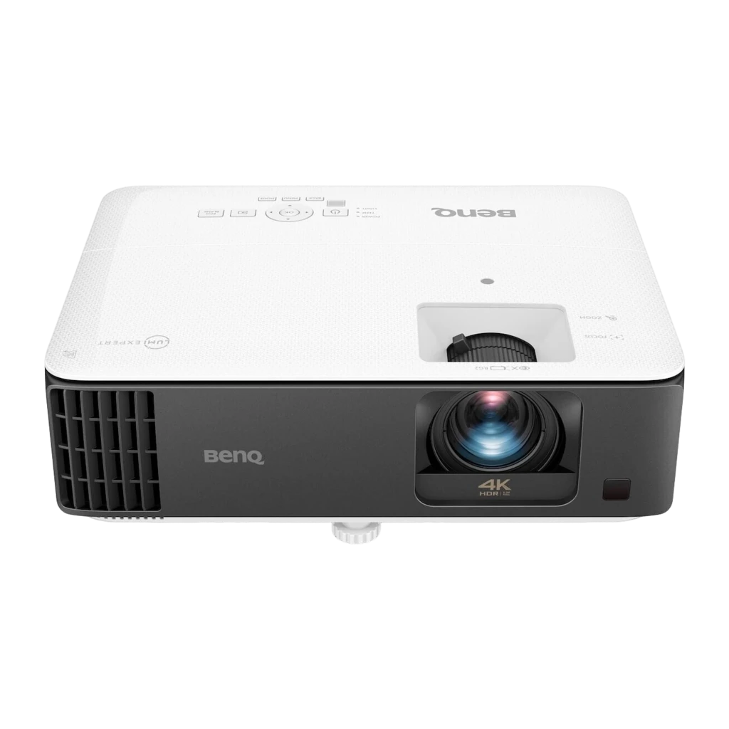 BenQ TK700ST 4K Gaming 3000lm blanc, vue avant en angle: objectif éclairé en bleu et badge 4K HDR visible - Ítem2