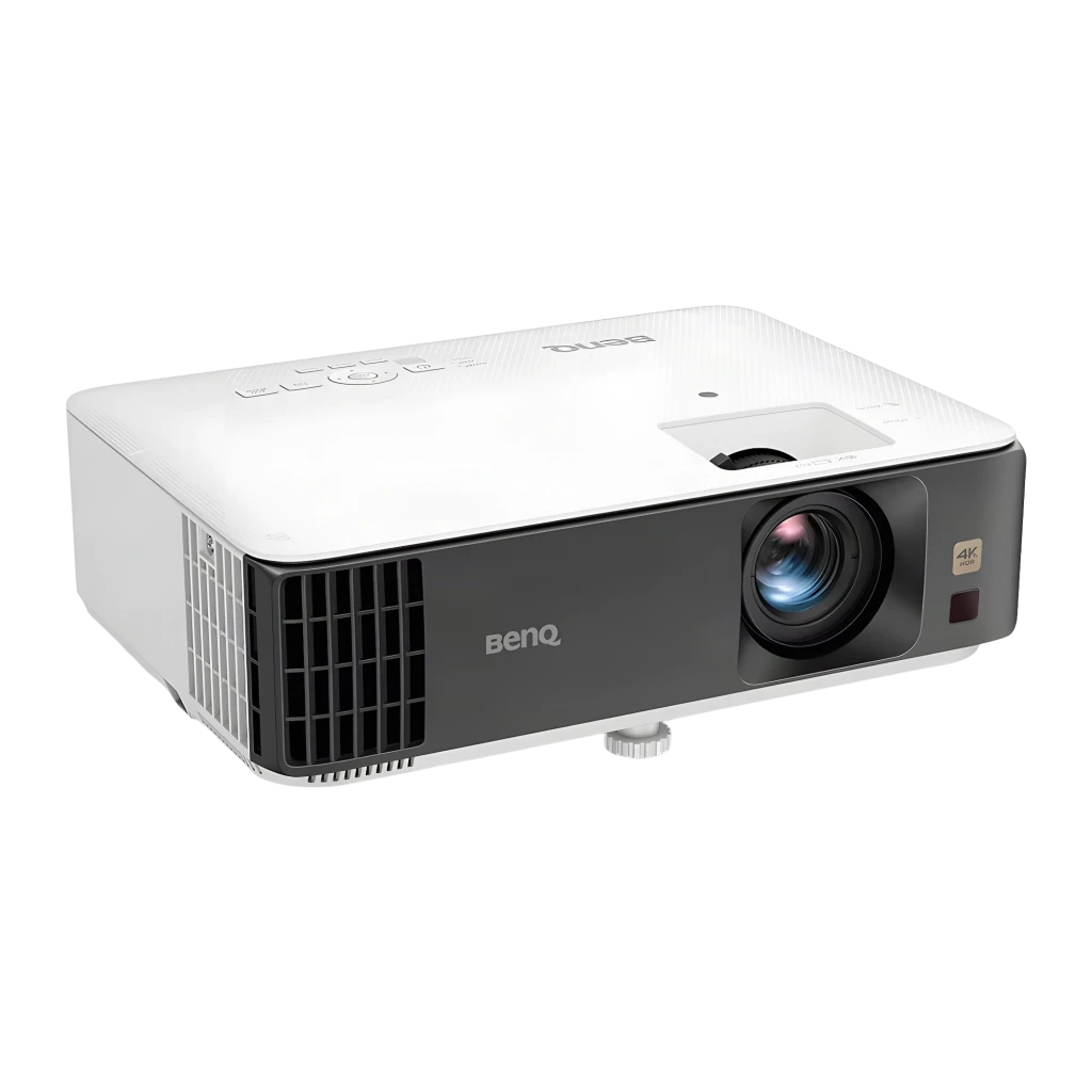 BenQ TK700ST 4K Gaming 3000lm blanc, vue avant en angle: objectif éclairé en bleu et badge 4K HDR visible - Ítem5
