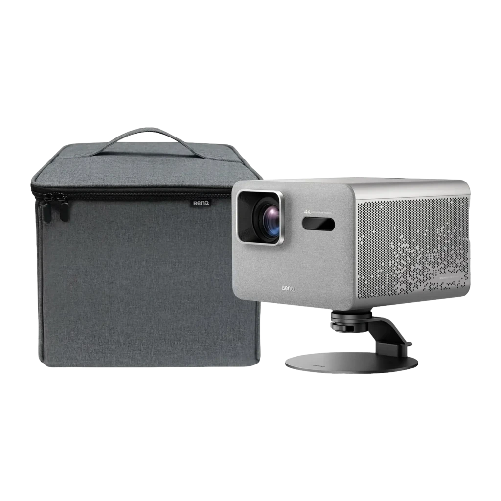 BenQ Proyector TK705i 4K UHD 3000lm Gris, vista frontal-lateral: objetivo, rejilla tela y logo BenQ visibles - Ítem4