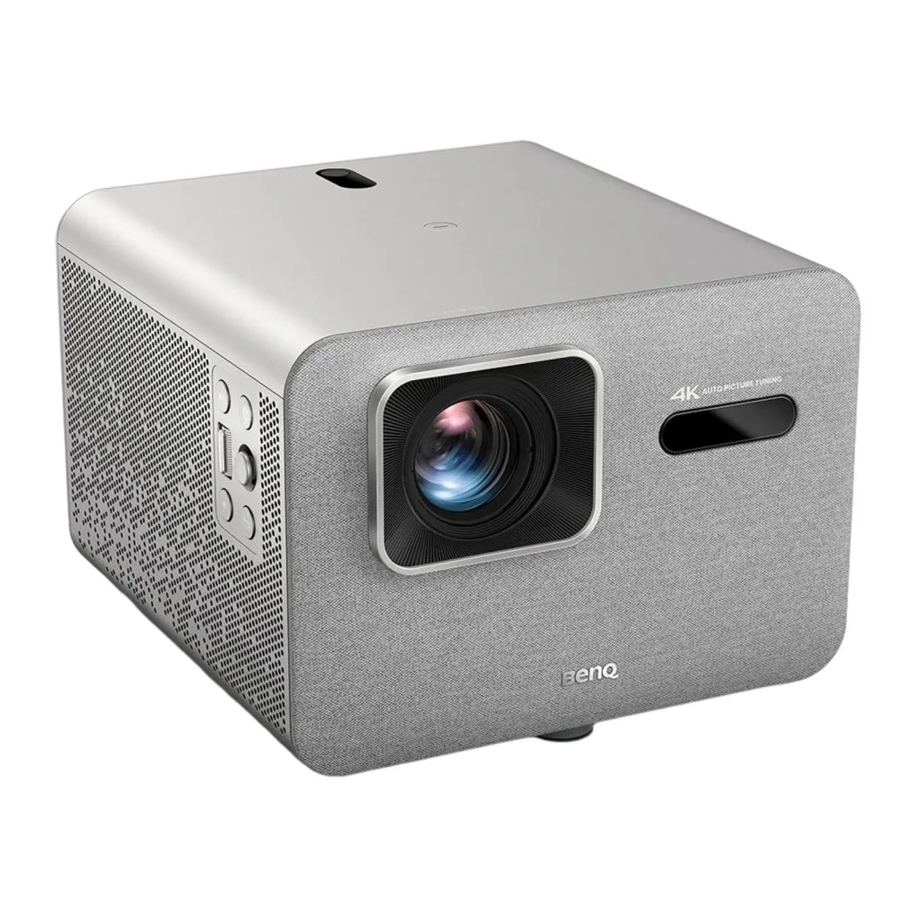 BenQ Proyector TK705i 4K UHD 3000lm Gris, vista frontal-lateral: objetivo, rejilla tela y logo BenQ visibles - Ítem1