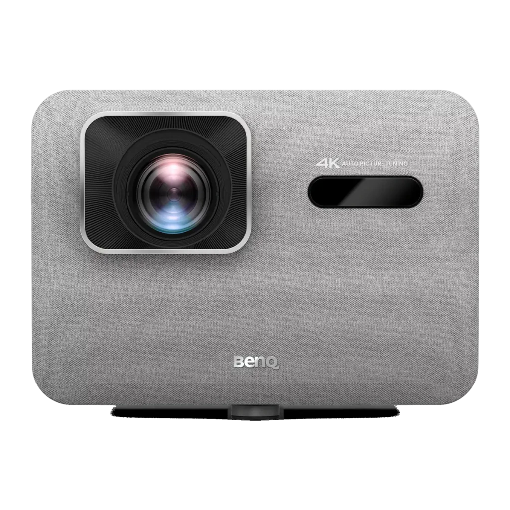 BenQ Proyector TK705i 4K UHD 3000lm Gris, vista frontal-lateral: objetivo, rejilla tela y logo BenQ visibles - Ítem2