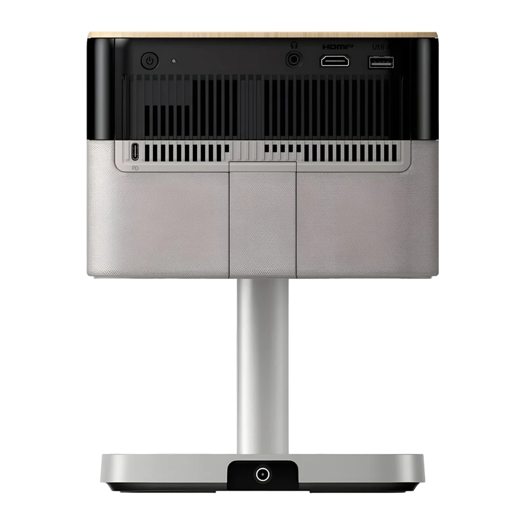 Epson Projecteur EF-72 LCD Chêne Noir Argent, vue avant en angle: objectif, dessus en bois et socle argenté - Ítem2
