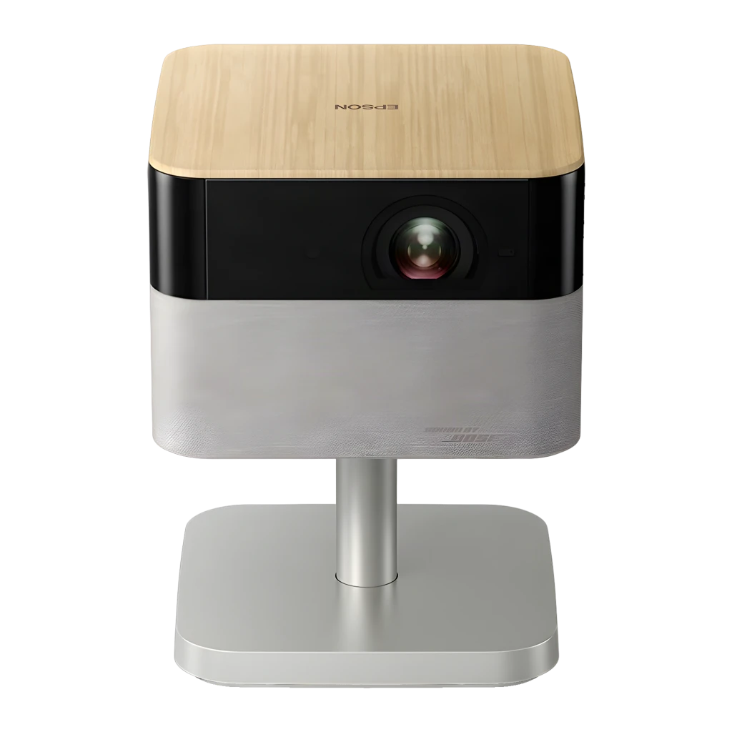 Epson Projecteur EF-72 LCD Chêne Noir Argent, vue avant en angle: objectif, dessus en bois et socle argenté - Ítem3
