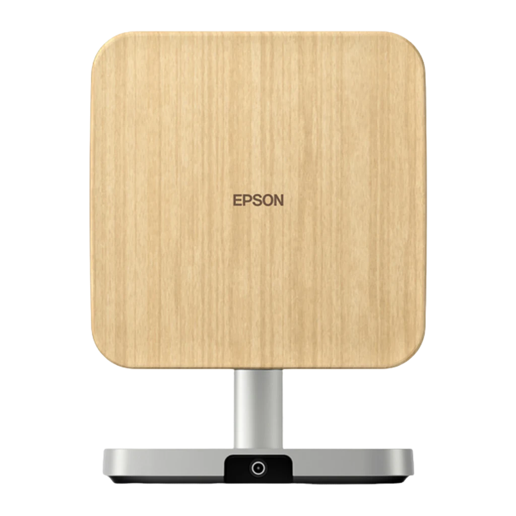 Epson Projecteur EF-72 LCD Chêne Noir Argent, vue avant en angle: objectif, dessus en bois et socle argenté - Ítem1