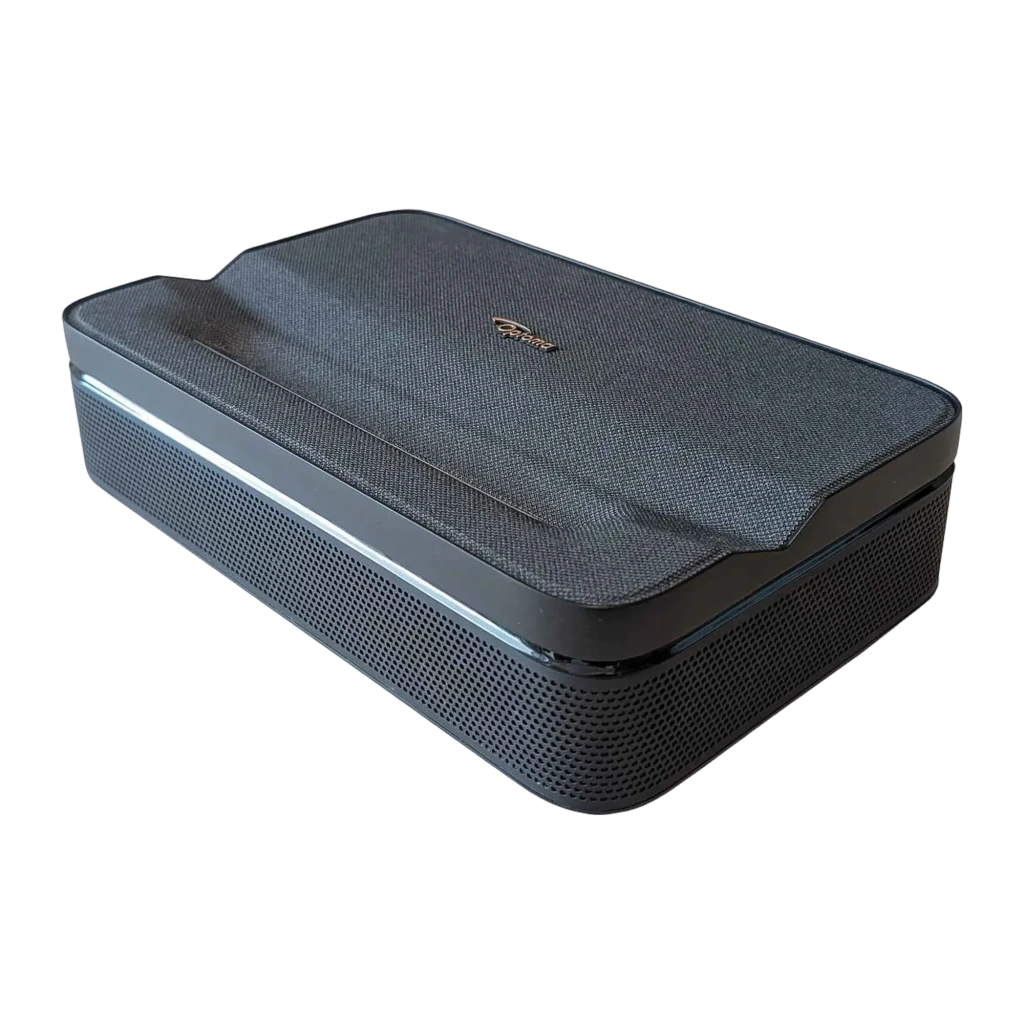 Optoma Photon Go DLP Laser 1080p preto, vista frontal: tampa têxtil cinza com logo dourado e grelha de altifalante - Item1