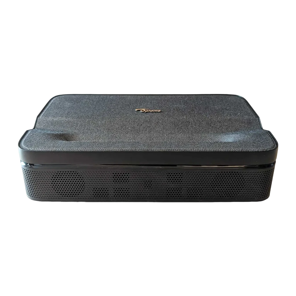 Optoma Photon Go DLP Laser 1080p preto, vista frontal: tampa têxtil cinza com logo dourado e grelha de altifalante - Item2