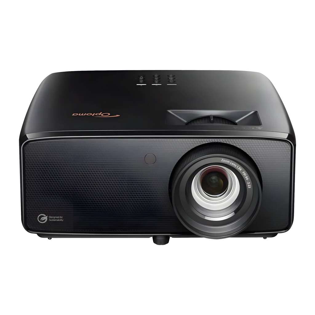 Optoma Projetor Photon PK52 4K UHD Laser preto, vista frontal em ângulo: objetiva zoom, grelha de ventilação e logo - Item1