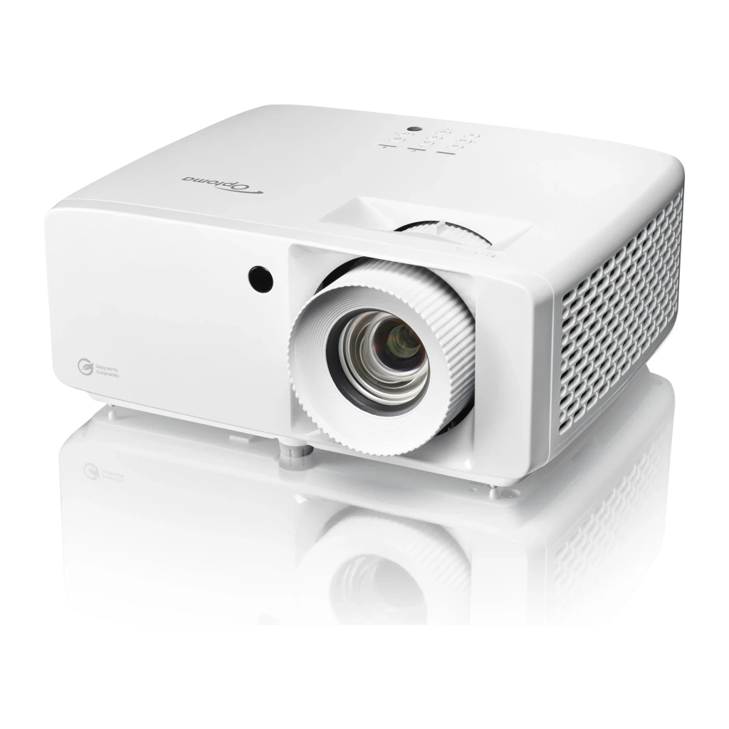 Optoma UHZ66 4K UHD Laser branco, vista frontal: objetiva com anel de foco e sensor IR centrados - Item1