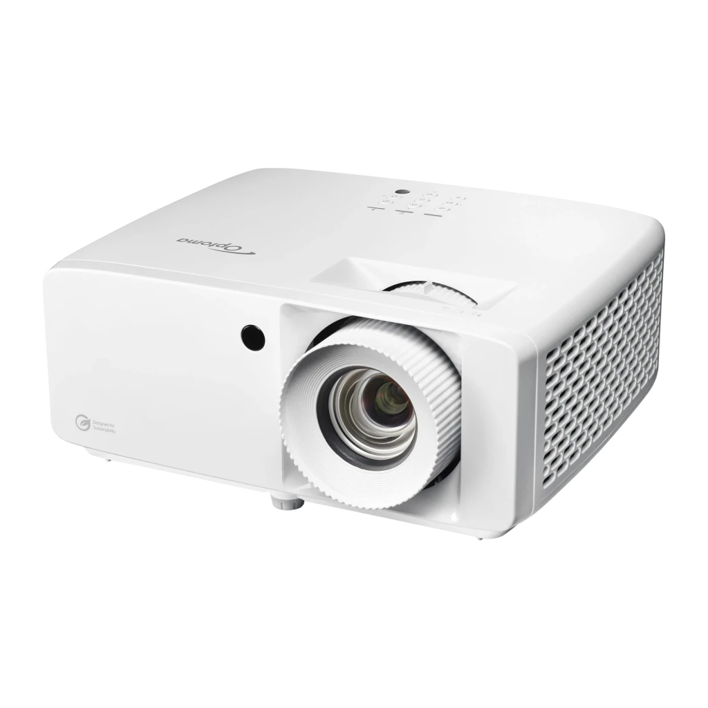 Optoma UHZ66 4K UHD Laser branco, vista frontal: objetiva com anel de foco e sensor IR centrados - Item3