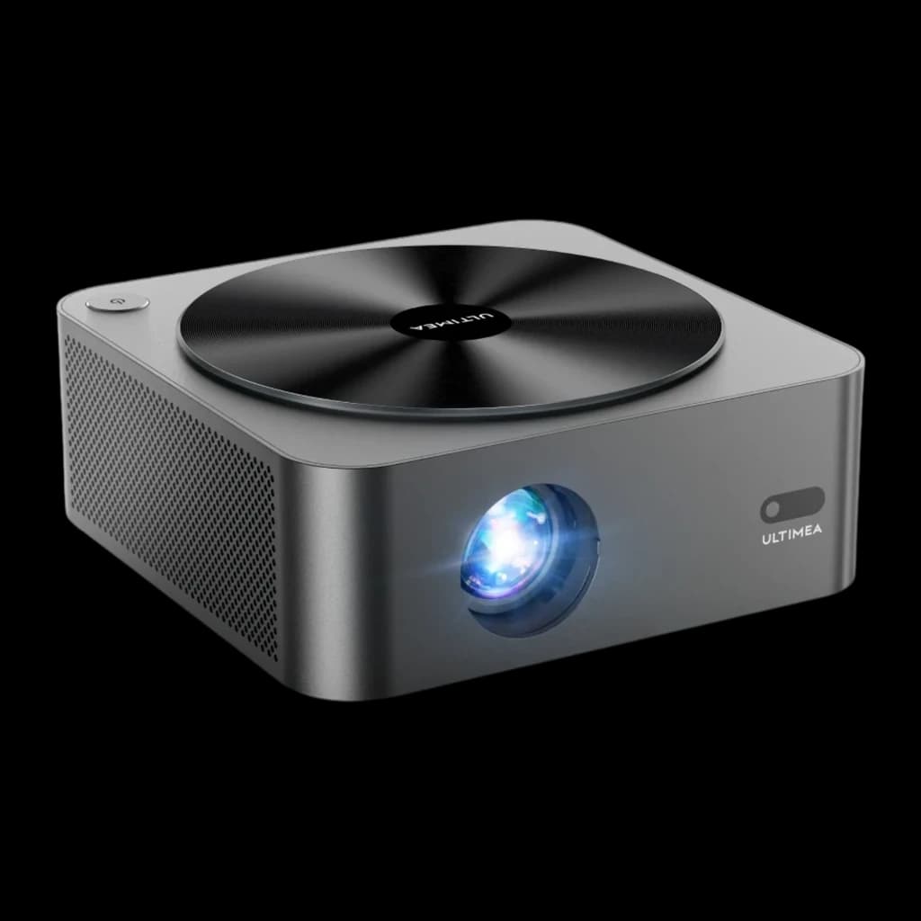 Ultimea Apollo P40 Projector gris, vue avant en angle: objectif éclairé, disque supérieur avec logo et corps métallique avec