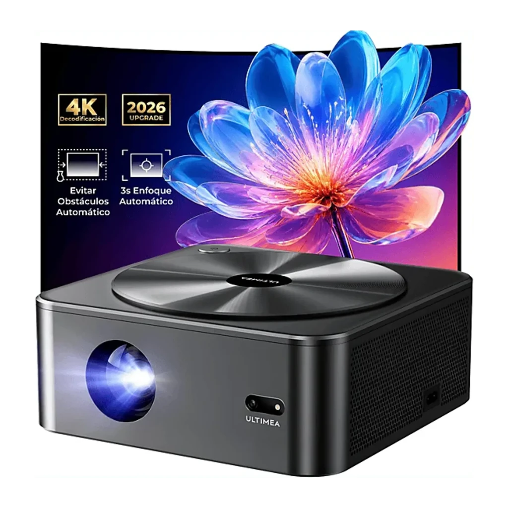 Ultimea Apollo P40 Projector gris, vista frontal en ángulo: lente iluminada, disco superior con logo y cuerpo metálico con - Ítem3