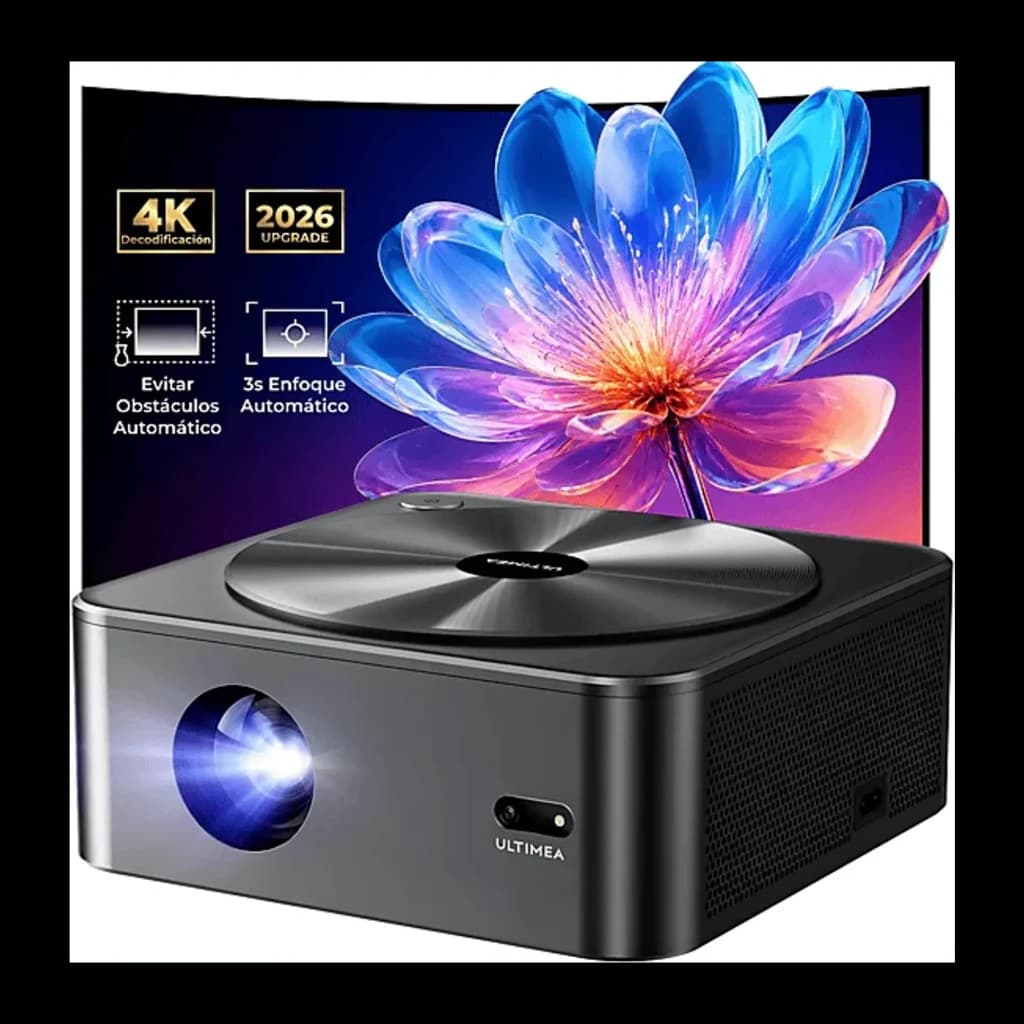 Ultimea Apollo P40 Projector noir, vue avant-dessus: objectif éclairé, couvercle circulaire métallique et projection 4K avec