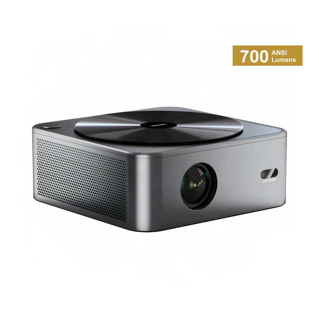 Ultimea Apollo P40 Projector gris, vista frontal en ángulo: lente iluminada, disco superior con logo y cuerpo metálico con - Ítem1