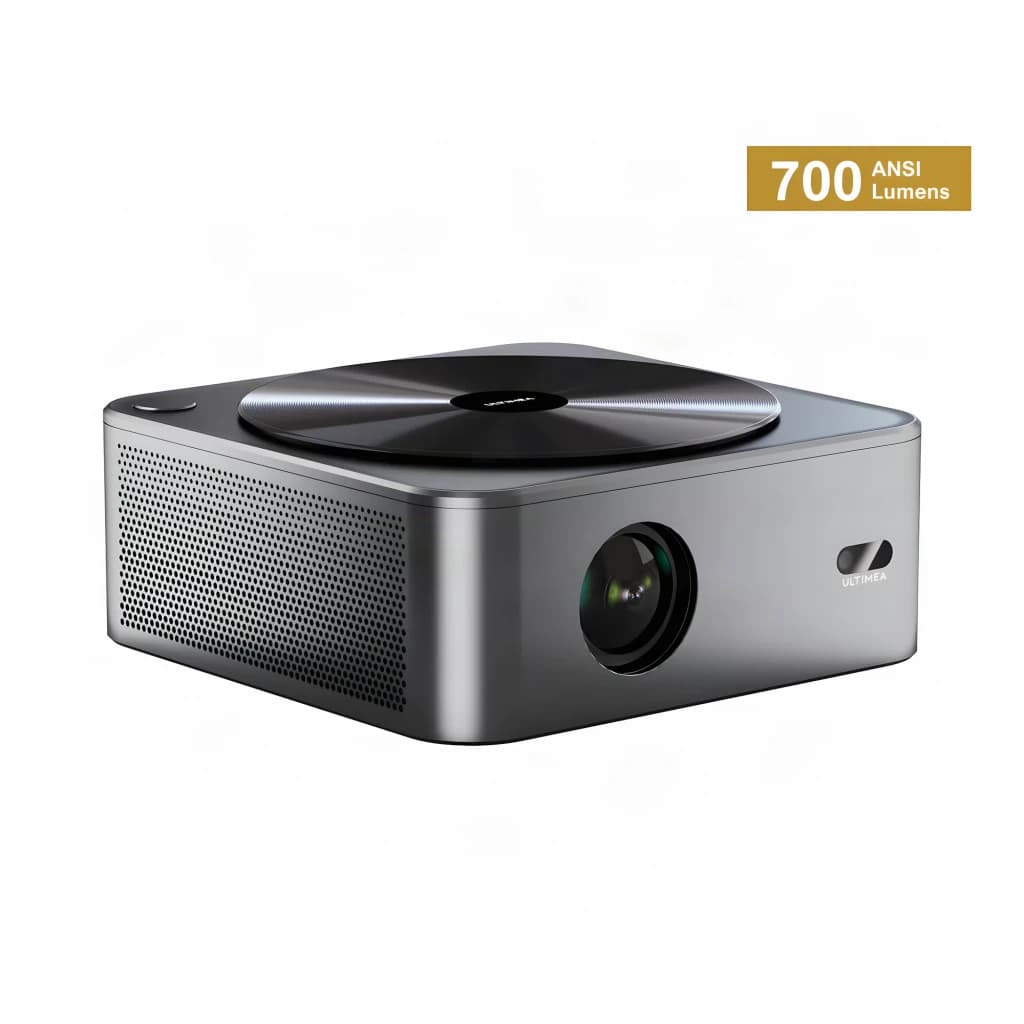 Ultimea Apollo P40 Projector gris, vue avant en angle: objectif central, grille haut-parleur et couvercle circulaire