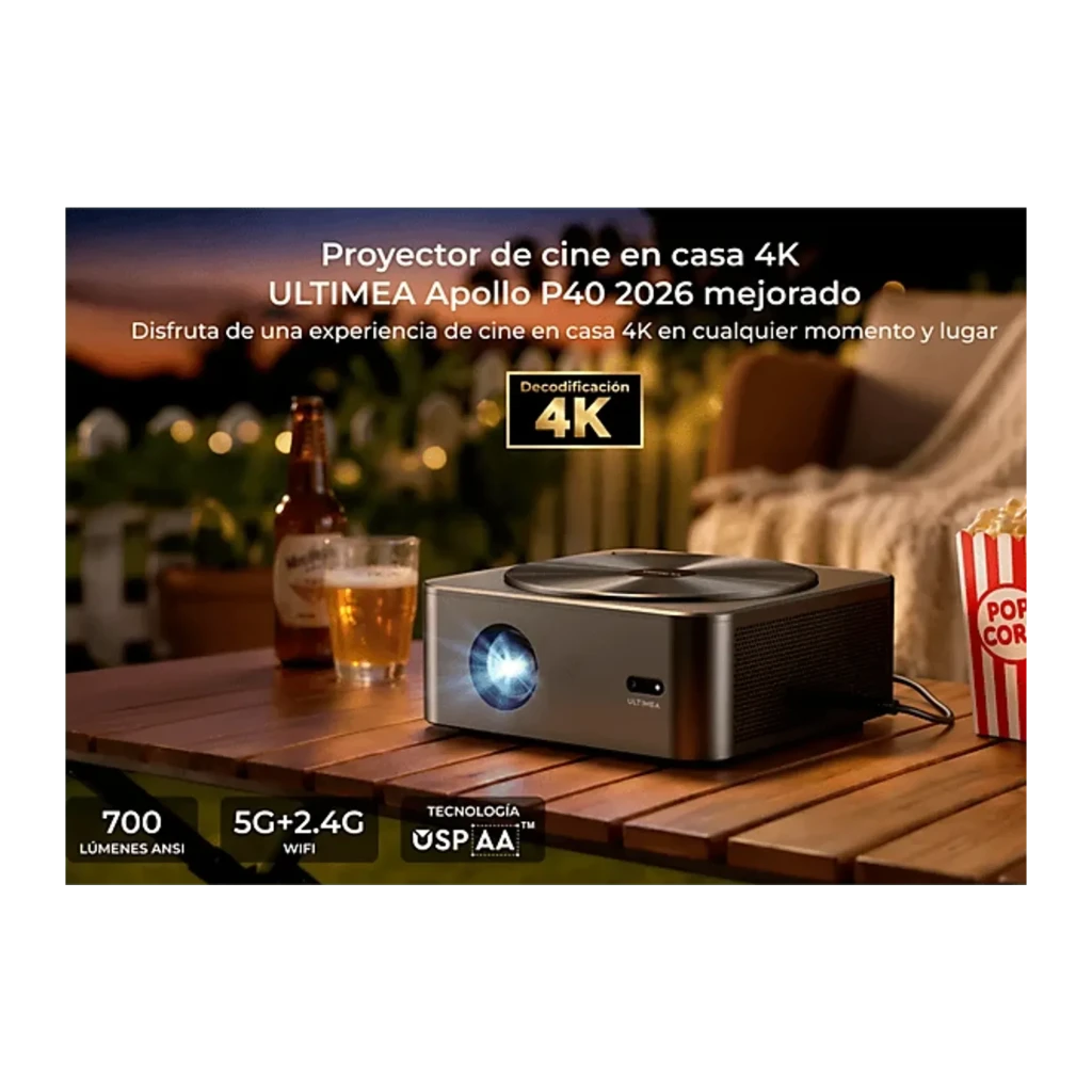 Ultimea Apollo P40 Projector gris, vista frontal en ángulo: lente iluminada, disco superior con logo y cuerpo metálico con - Ítem4