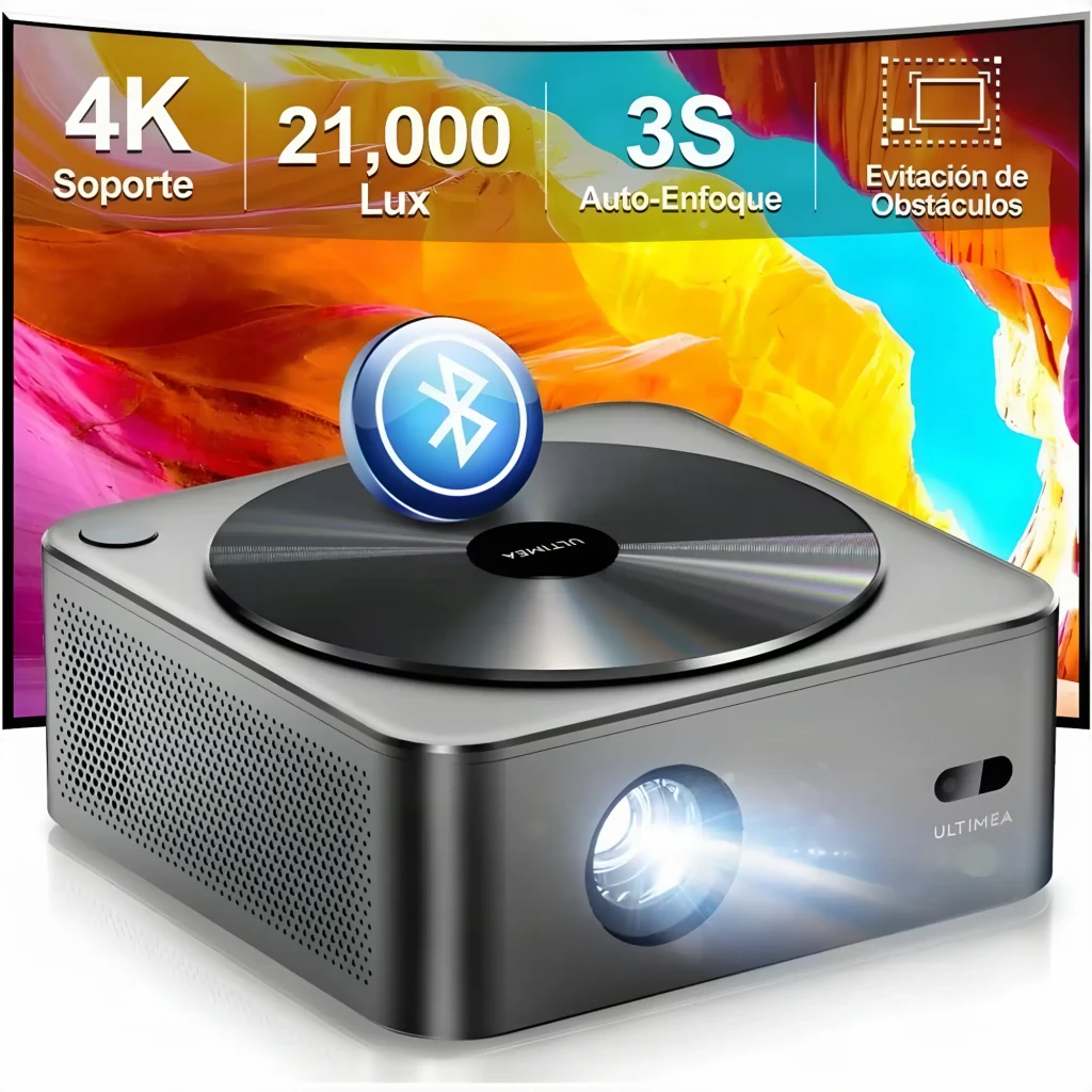 Ultimea Apollo P40 Projector gris, vista frontal en ángulo: lente iluminada, disco superior con logo y cuerpo metálico con - Ítem5