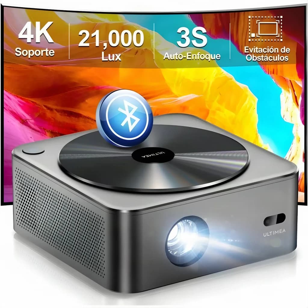 Ultimea Apollo P40 Projecteur 4K gris, vue avant: objectif frontal allumé, couvercle circulaire supérieur et écran projeté