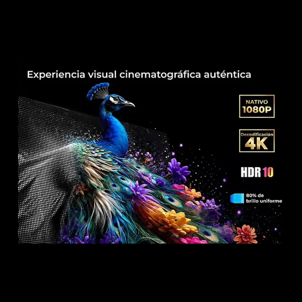Ultimea Apollo P40 Projector, qualité d'image: 1080p natif, décodage 4K et HDR10 illustrés par un paon coloré