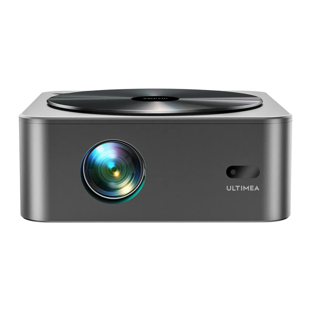 Ultimea Apollo P40 Projector gris, vista frontal en ángulo: lente iluminada, disco superior con logo y cuerpo metálico con - Ítem2