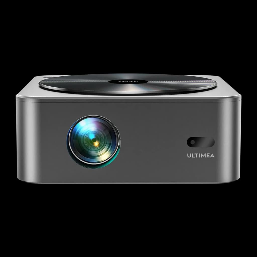 Ultimea Apollo P40 Projector gris, vue avant: objectif multicolore, grille circulaire supérieure et logo Ultimea