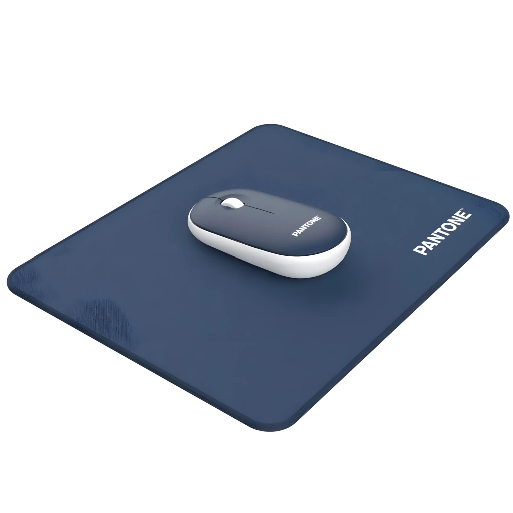 Celly Ratón Pantone Inalámbrico Azul, vista superior en ángulo: cuerpo azul marino con base blanca, rueda central y logo - Ítem1