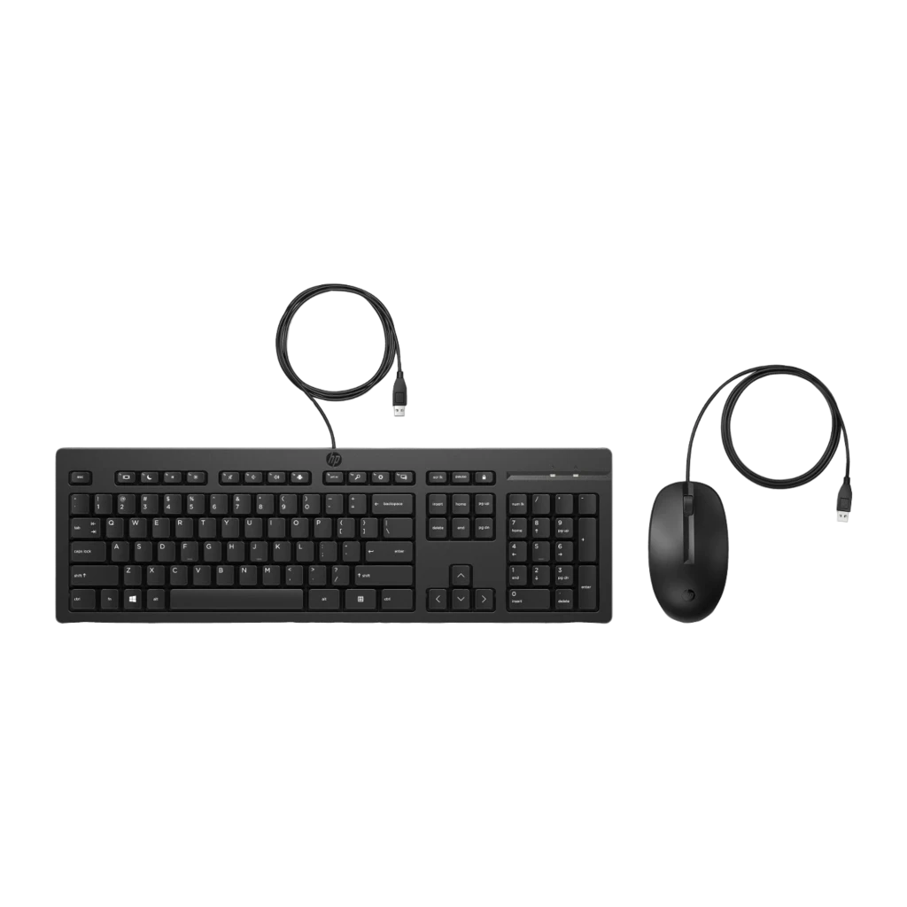 HP Combo teclado y ratón con cable 225 negro, vista superior: teclado y ratón negros con cables USB enrollados visibles - Ítem3