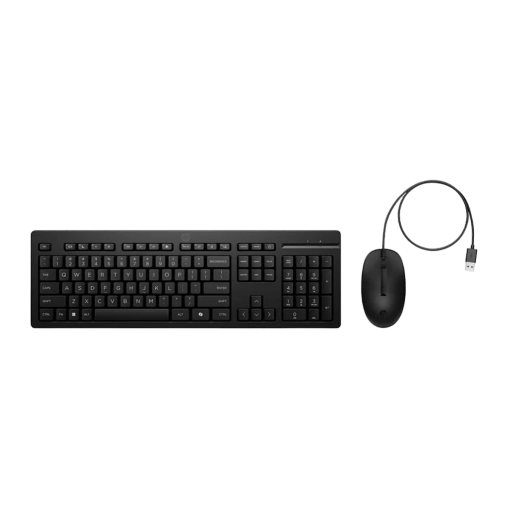 HP Combo teclado y ratón con cable 225 negro, vista superior: teclado y ratón negros con cables USB enrollados visibles - Ítem5