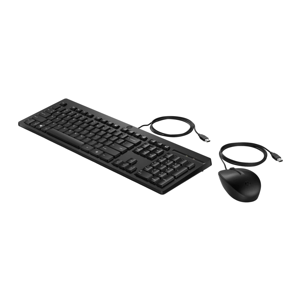 HP Combo teclado y ratón con cable 225 negro, vista superior: teclado y ratón negros con cables USB enrollados visibles - Ítem6