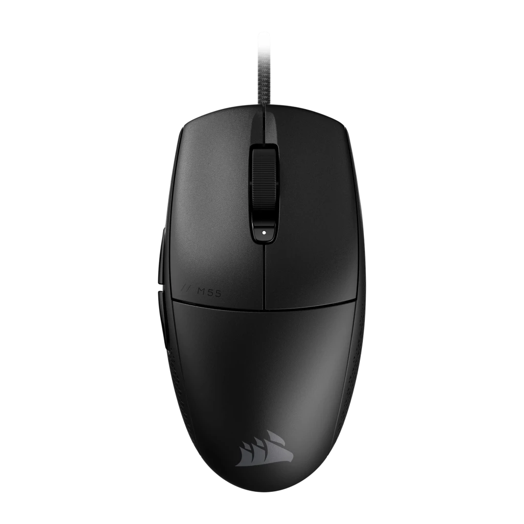Corsair M55 Gaming Preto, vista superior: roda de scroll, logo M55 e cabo trançado visíveis - Item