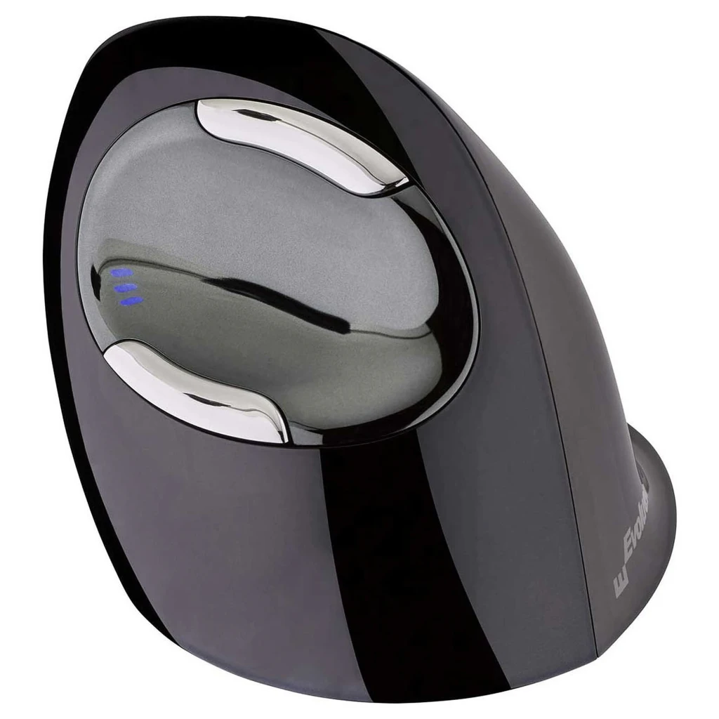 Evoluent Vertical Mouse D Large Wireless negro cromado, vista lateral: diseño ergonómico vertical, rueda y logo Evoluent - Ítem1