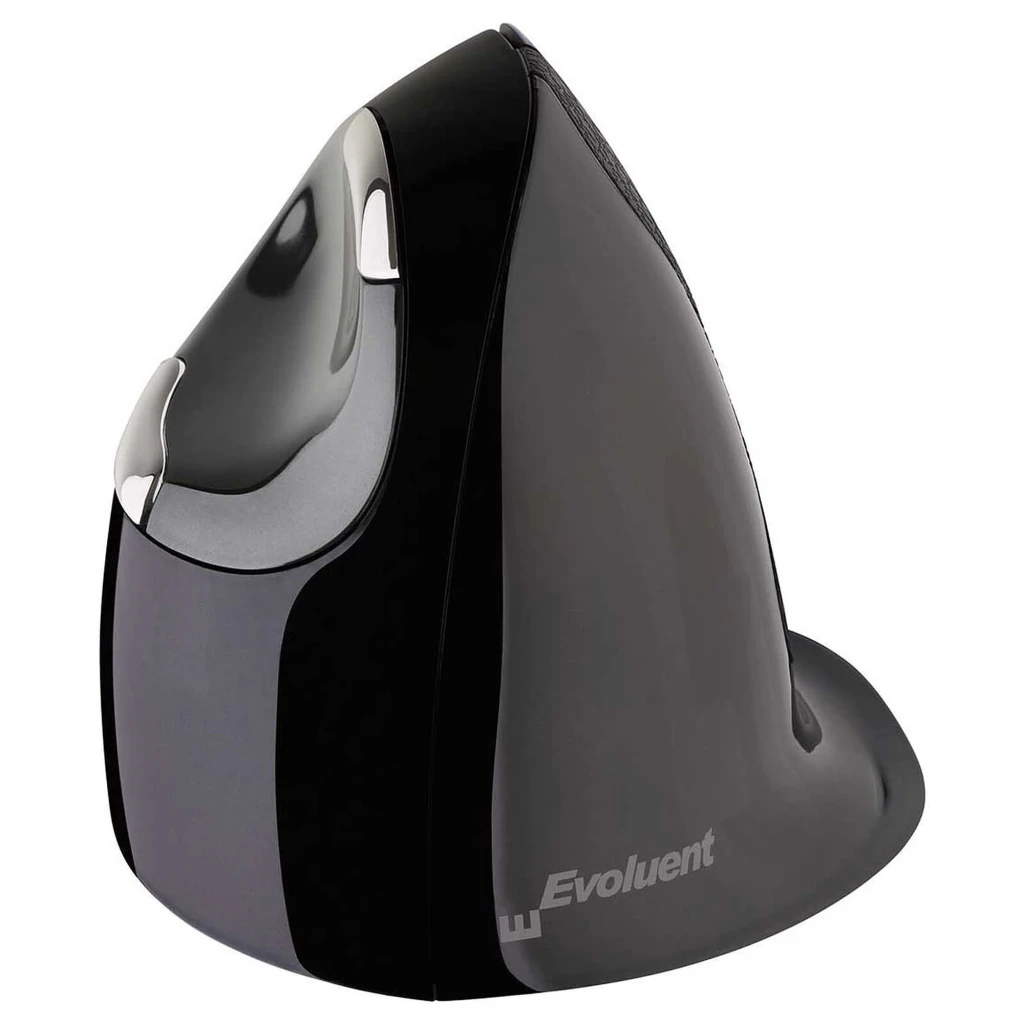 Evoluent Vertical Mouse D Large Wireless negro cromado, vista lateral: diseño ergonómico vertical, rueda y logo Evoluent - Ítem2