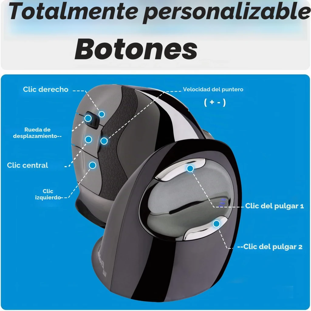 Evoluent Vertical Mouse D Large Wireless negro cromado, vista lateral: diseño ergonómico vertical, rueda y logo Evoluent - Ítem3