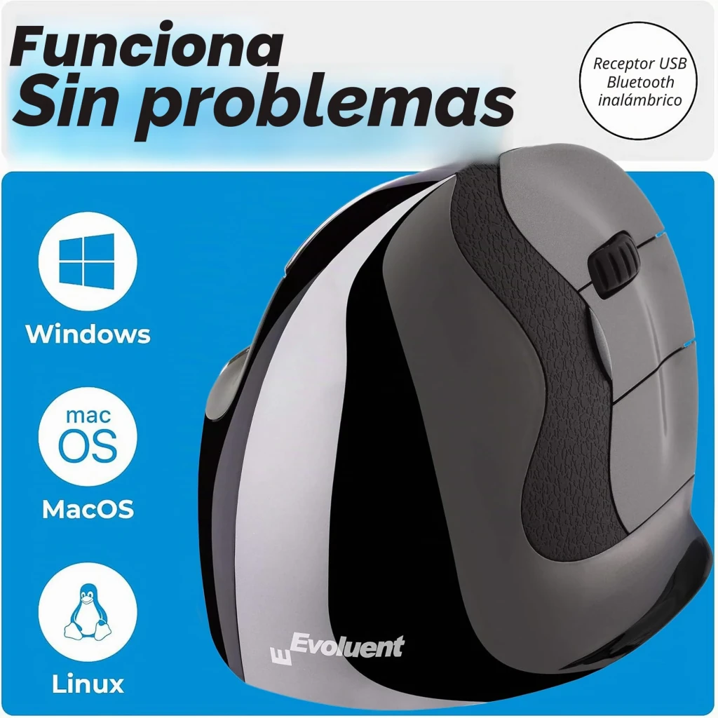 Evoluent Vertical Mouse D Large Wireless negro cromado, vista lateral: diseño ergonómico vertical, rueda y logo Evoluent - Ítem5