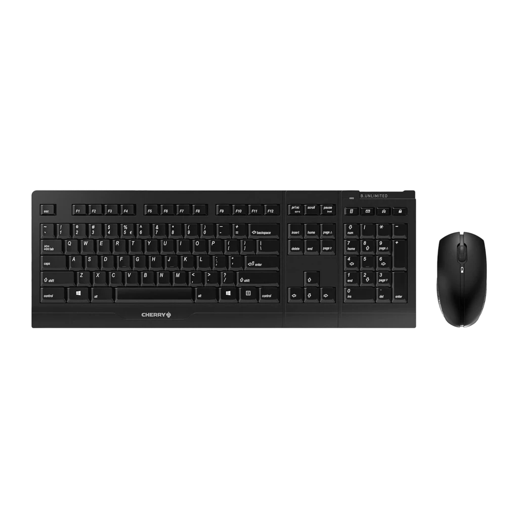 Cherry B.UNLIMITED 3.0 noir, vue de dessus: clavier QWERTY complet avec souris et récepteur USB nano visibles - Ítem1
