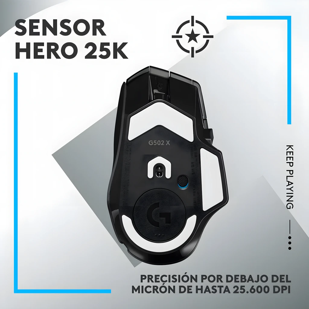 Logitech G G502 X Lightspeed preto, vista diagonal superior: roda com LED verde, botões laterais e logo G - Item3