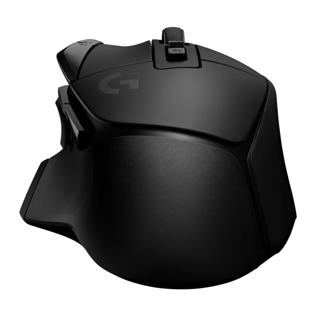 Logitech G G502 X Lightspeed preto, vista diagonal superior: roda com LED verde, botões laterais e logo G - Item2