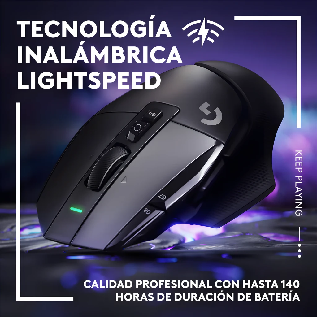 Logitech G G502 X Lightspeed preto, vista diagonal superior: roda com LED verde, botões laterais e logo G - Item4
