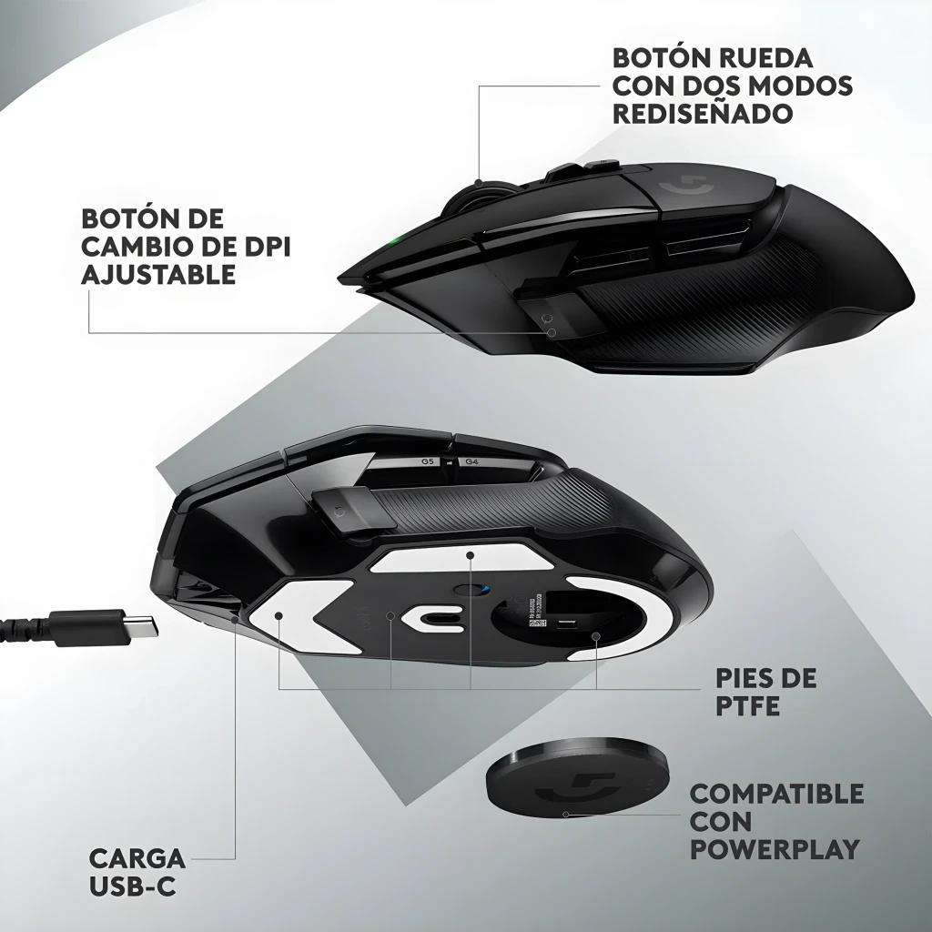 Logitech G G502 X Lightspeed preto, vista diagonal superior: roda com LED verde, botões laterais e logo G - Item5