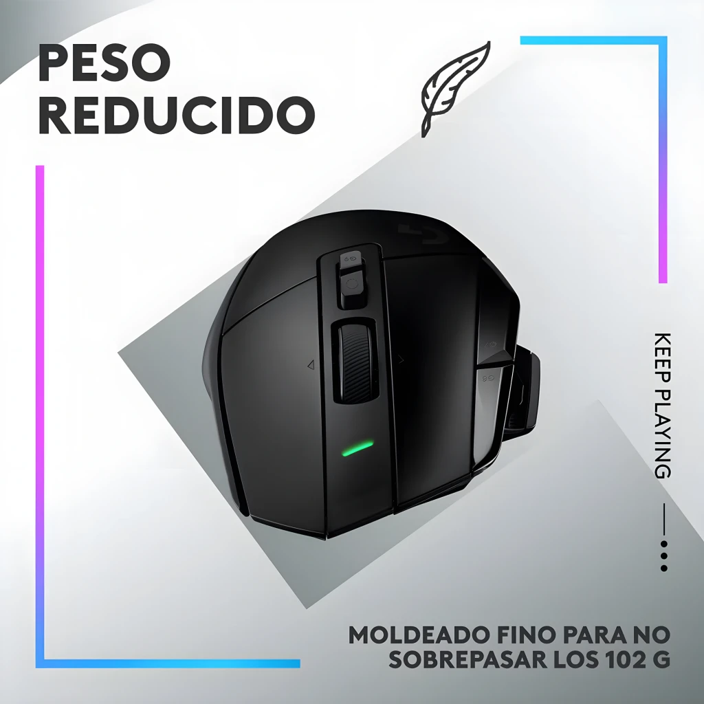 Logitech G G502 X Lightspeed preto, vista diagonal superior: roda com LED verde, botões laterais e logo G - Item6