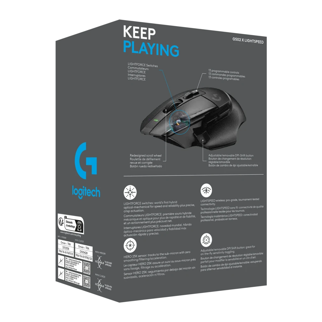 Logitech G G502 X Lightspeed preto, vista diagonal superior: roda com LED verde, botões laterais e logo G - Item7