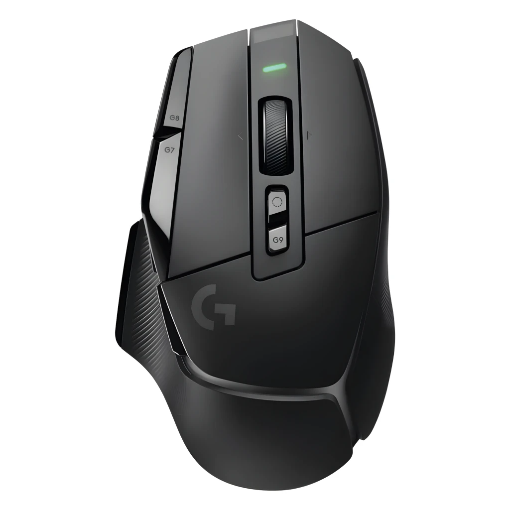 Logitech G G502 X Lightspeed preto, vista diagonal superior: roda com LED verde, botões laterais e logo G - Item1