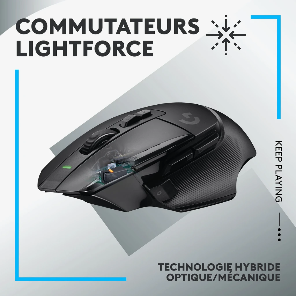 Logitech G502 X Gaming Mouse preto, vista frontal em ângulo: roda texturizada, botões laterais, logo G e LED verde - Item2