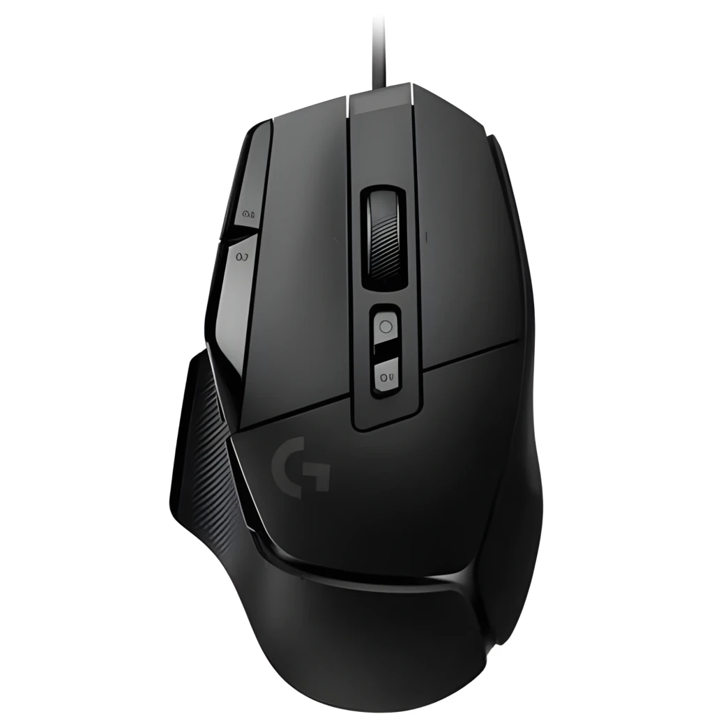 Logitech G502 X Gaming Mouse preto, vista frontal em ângulo: roda texturizada, botões laterais, logo G e LED verde - Item1