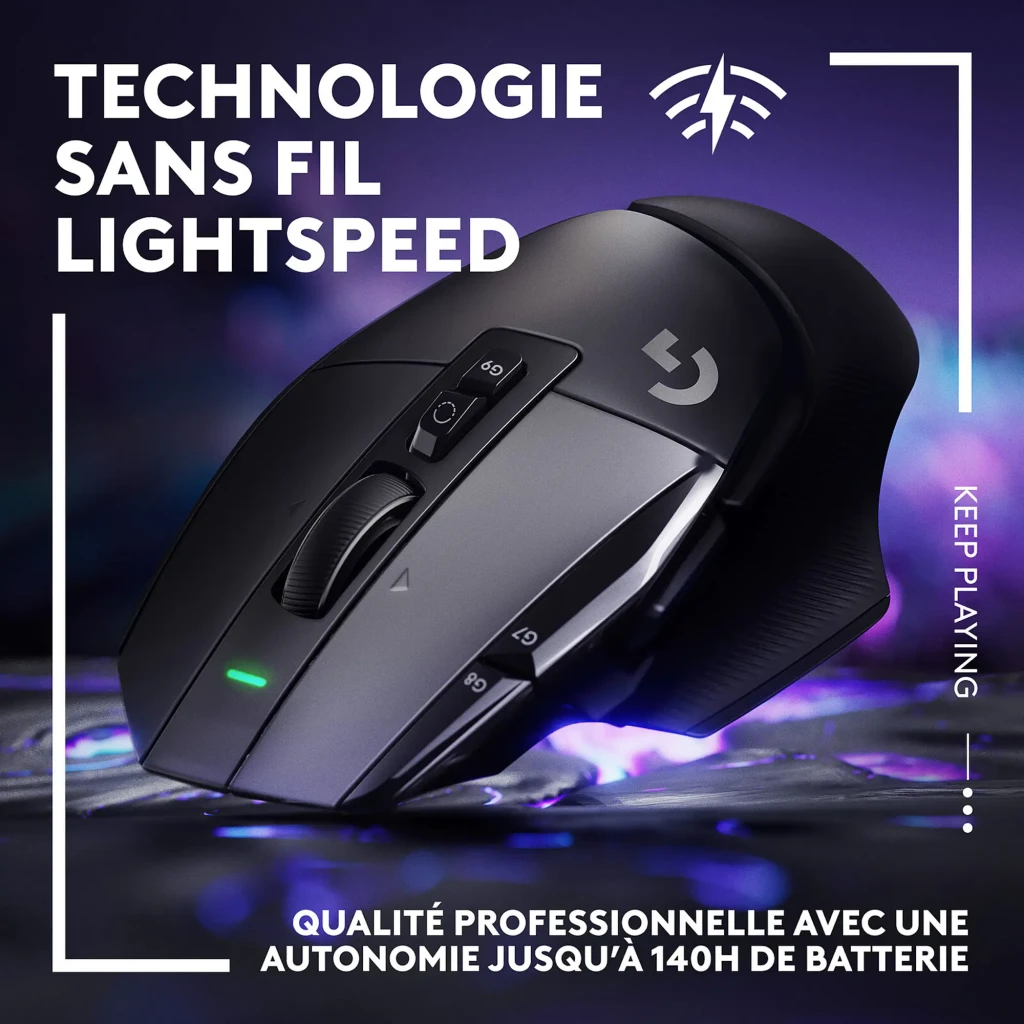 Logitech G502 X Gaming Mouse preto, vista frontal em ângulo: roda texturizada, botões laterais, logo G e LED verde - Item3