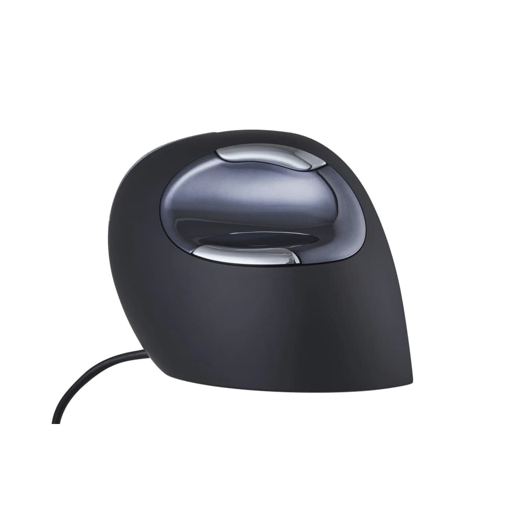 BakkerElkhuizen Evoluent D USB Noir Argent, vue latérale: profil vertical ergonomique, boutons argentés et câble USB visible