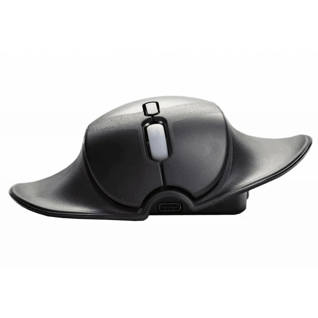 BakkerElkhuizen HandShoeMouse Sans Fil Noir, vue latérale: profil ergonomique, molette, port USB-C et ailette de soutien