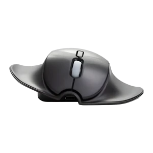 BakkerElkhuizen HandShoeMouse Wireless Negro, vista lateral: perfil ergonómico elevado, rueda blanca y aletas laterales