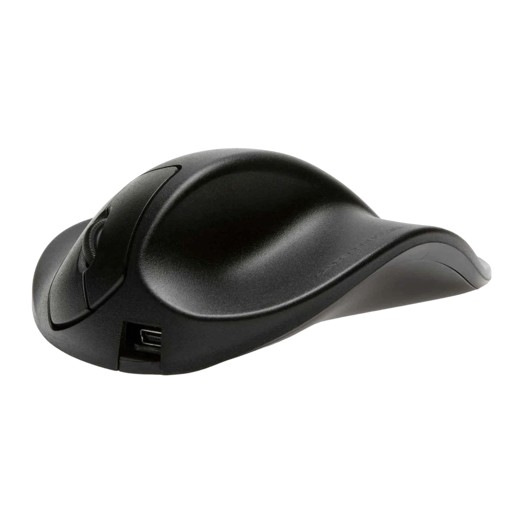 BakkerElkhuizen HandShoeMouse Wireless Negro, vista lateral: perfil ergonómico elevado, rueda blanca y aletas laterales - Ítem1