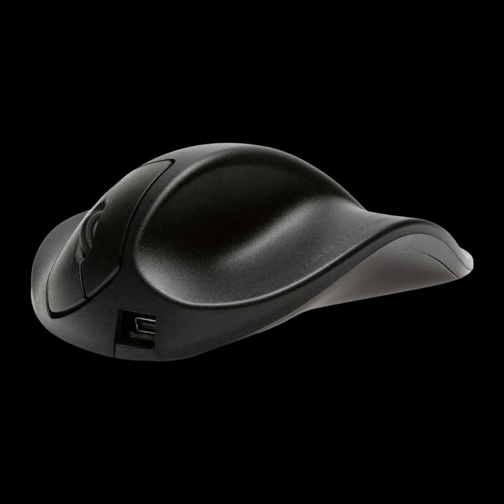 BakkerElkhuizen HandShoeMouse Wireless noir, vue latérale-supérieure: profil ergonomique surélevé, molette et port USB