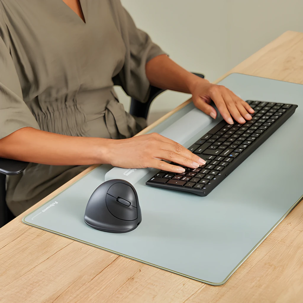 Fellowes Rato Ergonómico Vertical Breyta Preto, vista lateral: roda de scroll, porta USB-C inferior e logótipo Fellowes - Item4
